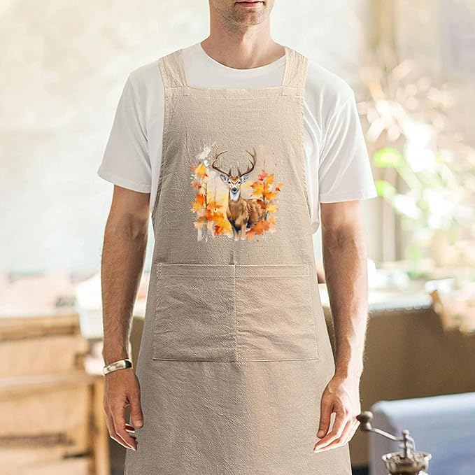 Cotton Linen Apron Non-tie Cross Back Kitchen Apron with Pockets Soft Comfortable Durable for Cooking Baking Gardening (Khaki,Deer)