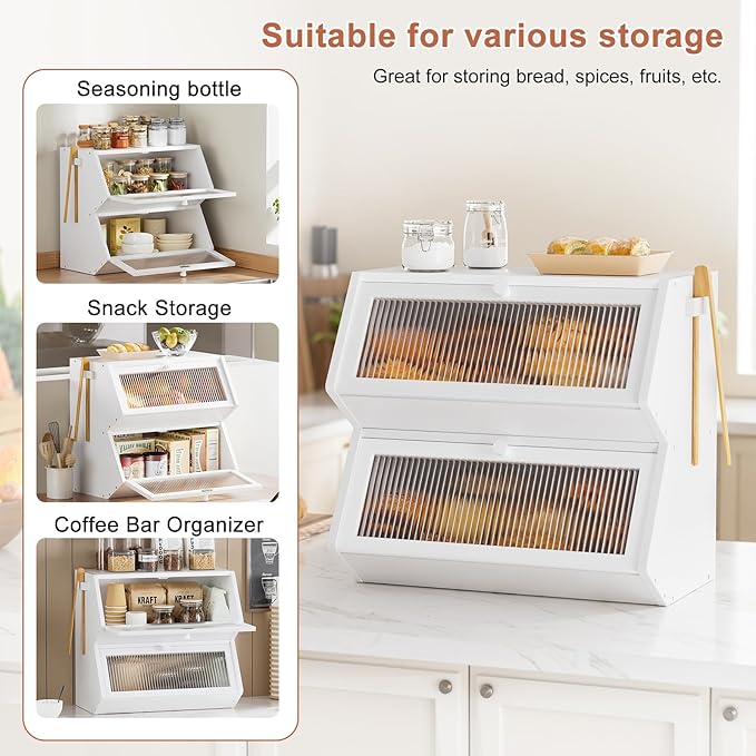 WOWLIVE Double Layer Bread Box for Kitchen Countertop, Large Bamboo Bread Storage Container for Homemade Bread, Farmhouse Bread Holder for Kitchen Counter Cabinet, Pantry, (White, Extra Large)
