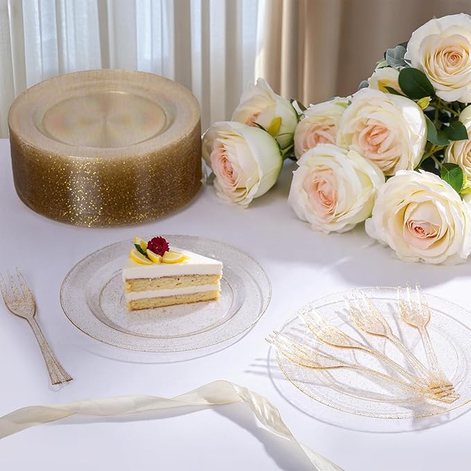 WELLIFE 60PCS Gold Glitter Dessert Plates and 60PCS Plastic Forks, 6.3 inch Disposable Dessert Plates for 60 Guests, Durable Gold Glitter Cake Plate, Perfect for Party