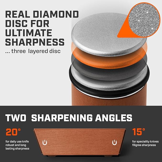 Rolling Knife Sharpener Kit - Compact Wooden Sharpener with 15° & 20° Magnetic Angle | Diamond Disc Knife Honing Tool | Professional Kitchen Use | Safe Sharpening for Home Cooking