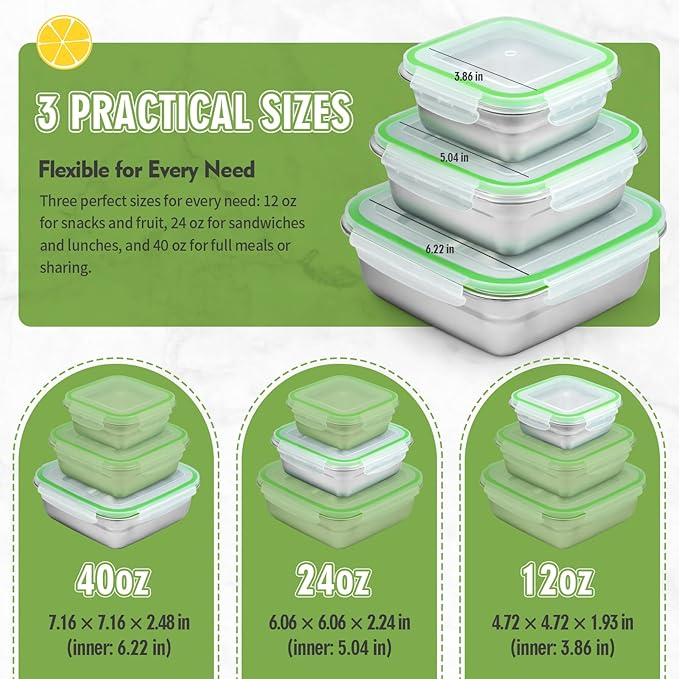 6 Pack Stainless Steel Food Storage Containers with Leak-Proof Lids, 2 Sets (12/24/40 oz) Reusable Metal Meal Prep Lunch Boxes, BPA-Free, Dishwasher Safe for Sandwich, Snacks & Fruit (2 Colors)