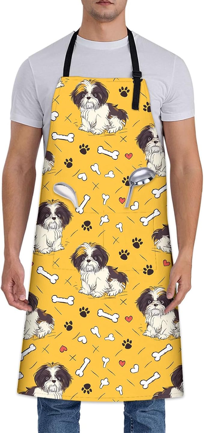 Playful Dog Apron, Adjustable Kitchen Cute Shih Tzu Puppy Aprons with Pockets for Cooking BBQ Gardening, 28×33 IN, Holiday Gifts for Women Wife, for Chef Baking, Oxford Fabric