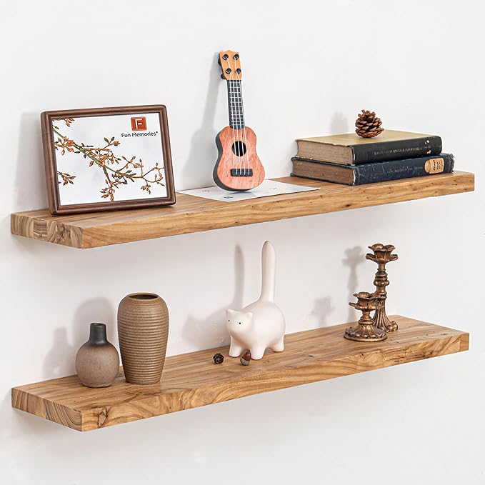 Fun Memories Floating Shelves for Wall Set of 2, Rustic Solid Elm Wood Wall Shelves 36 Inch - Invisible Bracket Mount for Living Room, Bathroom, Bedroom, Kitchen, Natural