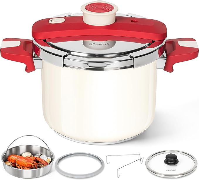 MICHELANGELO Pressure Cooker Stainless Steel 6.3 Quart, 3-in-1 Pressure Pot, One-Hand Locking System, Olla de Presion Colorful Design, Induction Compatible, with Glass Lid & Steamer