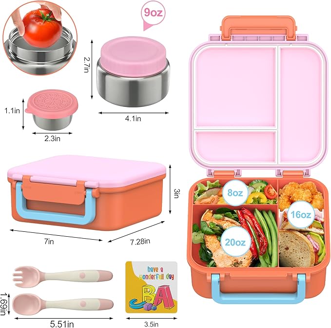 Kids Bento Lunch Box with 9oz Soup Thermo Leakproof Lunch Food Containers 4 Compartment with Insulated Hot Food Jar for Kid Toddler Girls Boys to School, Trvael