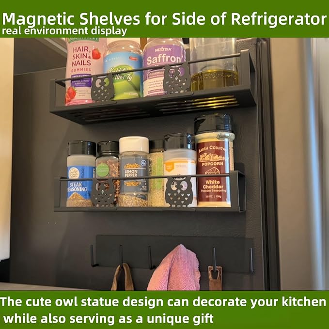 Magnetic Spice Rack for Refrigerator Organizers and Storage,Strong Magnet Metal Moveable No Drilling 3 Pack,Space Saving Kitchen Organization Kitchen Shelf with Hooks(Black,Owl)