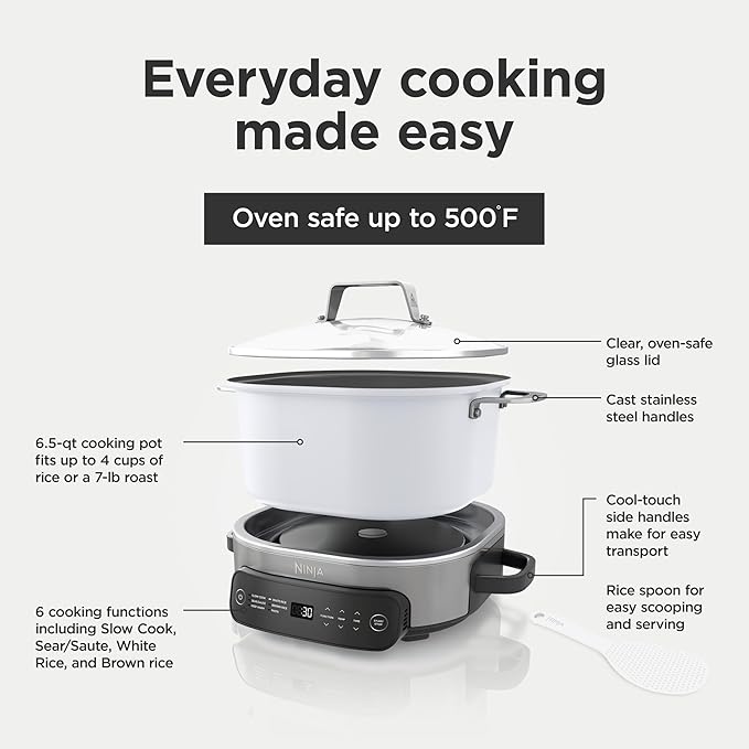 Ninja Foodi PossibleCooker PRO 6.5Qt Multicooker 8 in 1 Slow Cooker, Dutch Oven, Steam Bake Roast Sear Sauté Bread Maker Warmer, Glass Lid, Integrated Spoon, Nonstick (WHITE)