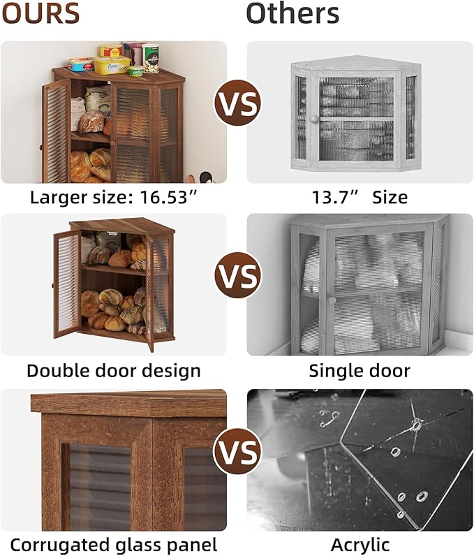 Extra Large Acacia Wood Corner Bread Box for Kitchen Countertop, 16.5 Inch Wooden Breadbox with Glass Wavy Door, Durable Grain Finish, Farmhouse Style Design