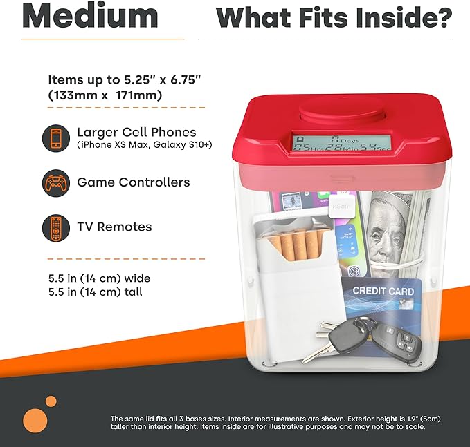Kitchen Safe Time Locking Container (Medium), Timed Lock Box for Cell Phones, Snacks, and other unwanted temptations (White Lid + 5.5” Clear Base)