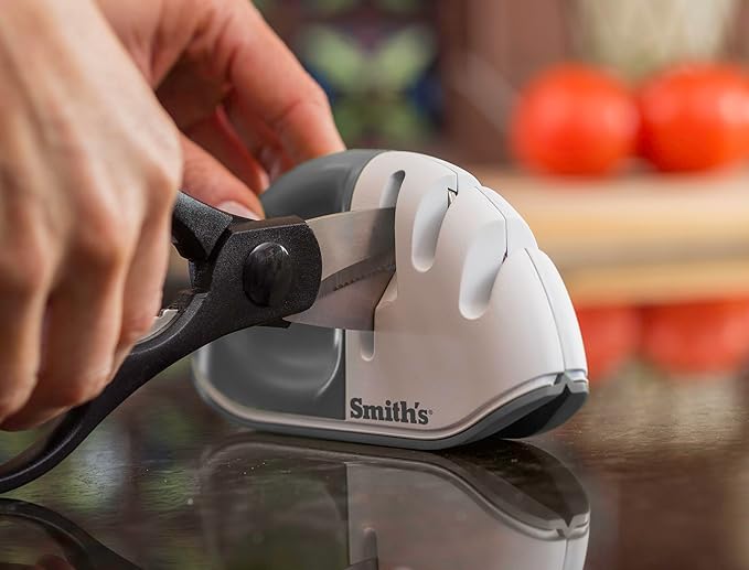 Smith's 51003 Diamond Edge Grip™ MAX 2-Stage Sharpener – White - Compact - Non-Slip Base - Patented V Grip – Sharpen Knives & Scissors - Diamond & Ceramic Sharpeners