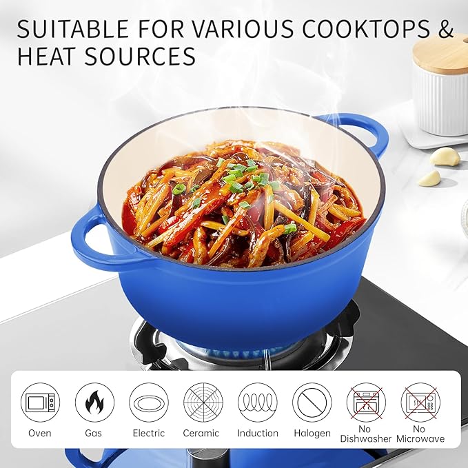 6 Quart Enameled Cast Iron Dutch Oven Pot with Lid and Silicone Accessories, Oven Safe up to 500°F or on Stovetop, Non-stick Dutch Oven for Bread Baking, Cooking, Dual Handles Cookware, Blue