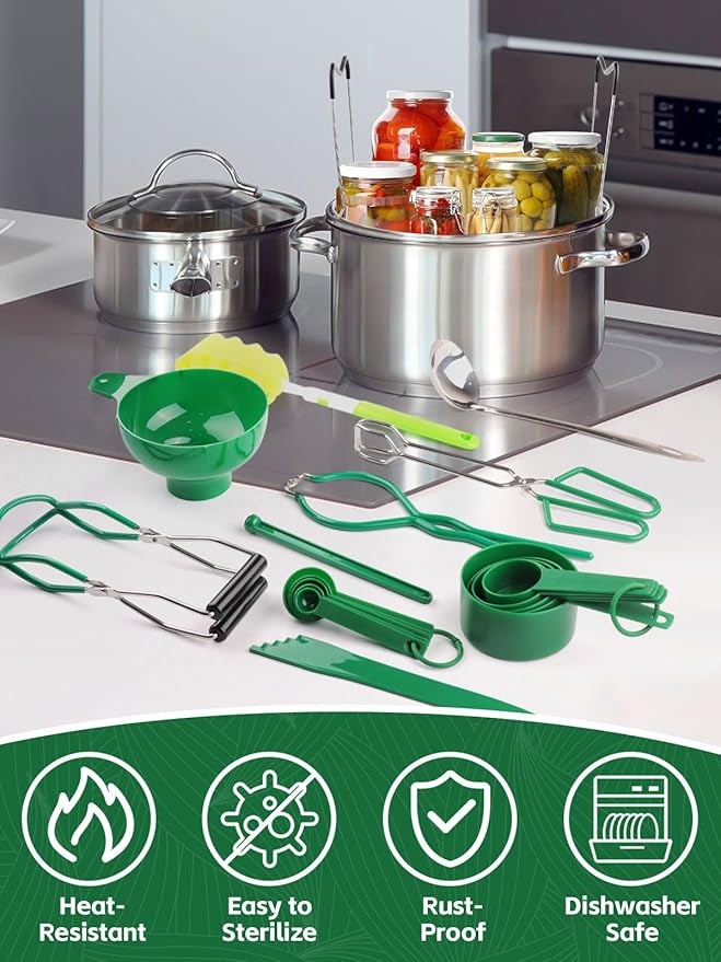 Kalolary Kitchen Canning Starter Kit - 19PCS Supplies with Rack, Tong, Funnel, Jar Lifter for Fruits, Vegetables & Pickle