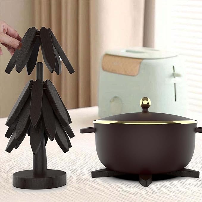 Wooden Trivets for Hot Dishes,Tree Shape Trivet Set, 4 Wooden Trivets+1 Stand, Natural FoldableKitchen Wooden Trivet for Hot Dishes、Pot、Bowl、Teapot、Hot Pot Holders (Black)