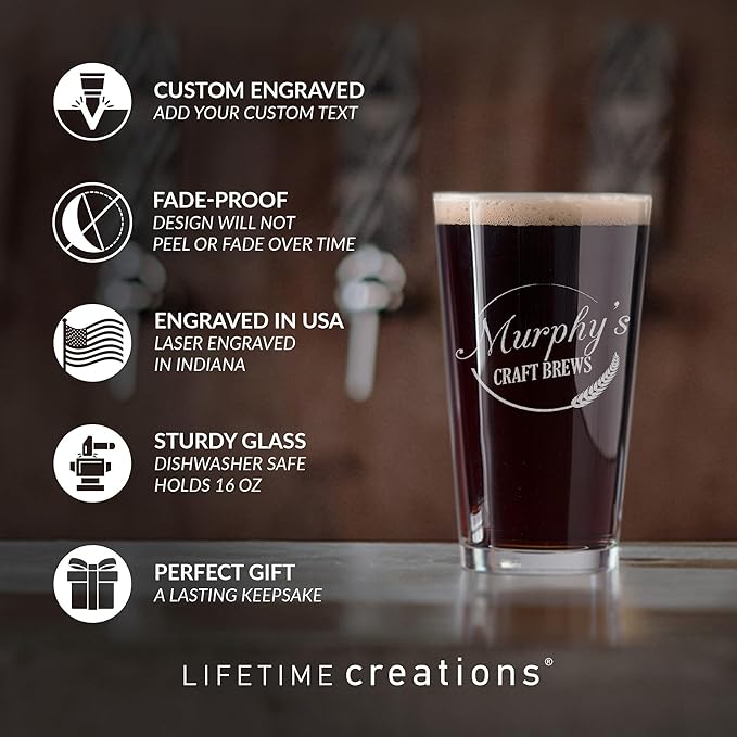 Lifetime Creations Personalized Craft Beer Pint Glass: Engraved Craft Brew Glassware, Personalized Home Brew Glass, Custom Beer Glass, Home Brewer Gift, Made in USA