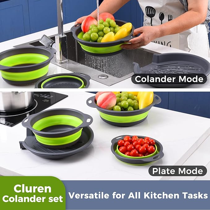 Collapsible Colander Set with Universal Draining Tray | 3-Pack Foldable Kitchen Strainers + Base | Space Saving for Pasta, Veggies, Fruit & Rice | 5 Colors (Gray-Green)