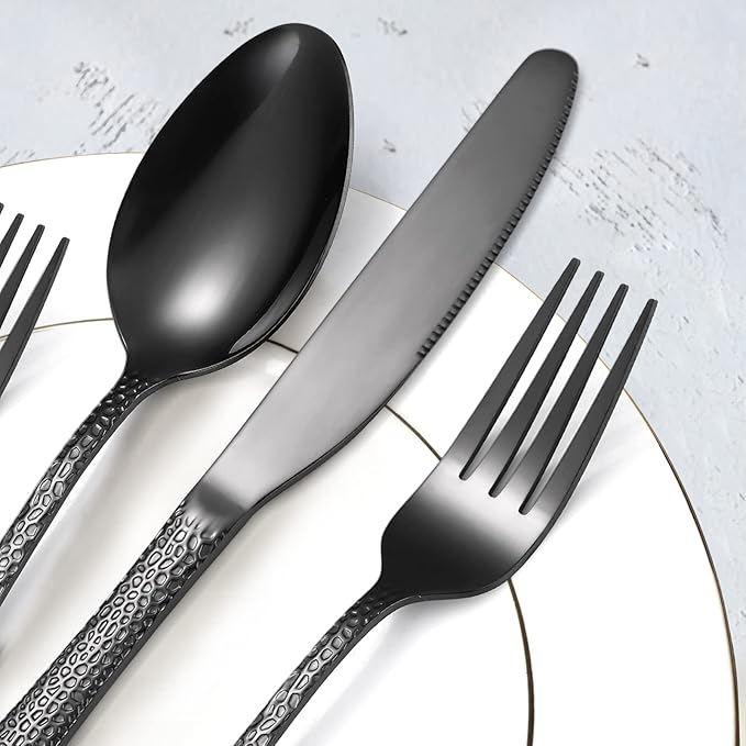 Black Hammered Silverware Set 8 Stainless Steel Flatware Vintage 40 piece include Knife Fork Spoon Proper Weight for Parties Restaurant Utensils and Kitchen Daily Use