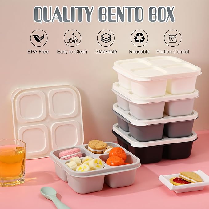 Honeydak 5 Pack Snack Containers 4 Compartment Bento Snack Boxes Reusable Lunchable Containers with Lids Divided Meal Prep Lunch Food Storage Box for School Work Travel(Black and White Ombre,Equal)