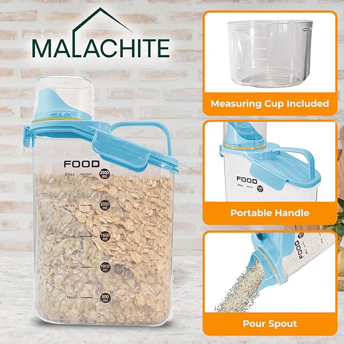 Two Pack Food & Cereal Storage Container - 2.6L Airtight Plastic Kitchen Organizer Bin with Pouring Spout, Measuring Cup Lid, Ideal for Dry Food, Rice, Sugar, Pet Food dispenser - BPA free (Blue)