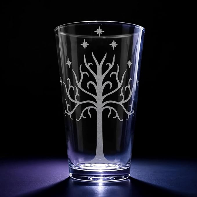 WHITE TREE OF MINAS TIRITH Engraved 16oz Pint Glass | Inspired by Tolkien Power Ring and Middle Earth | Great Christmas Gift Idea | Unique Elvish Fantasy Wizard Fantasy Decor!