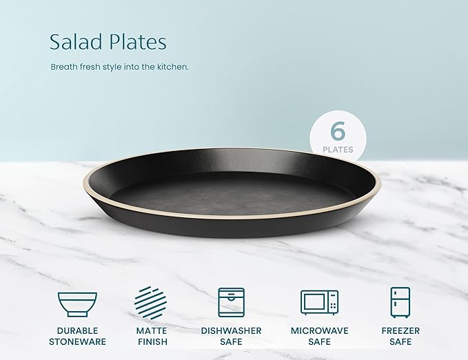 KooK Salad Plates, Ceramic Round Dishes for Appetizers and Desserts, Dishwasher & Microwave Safe, Stoneware, High Edge, 8.5 Inch, Set of 6, Charcoal Black