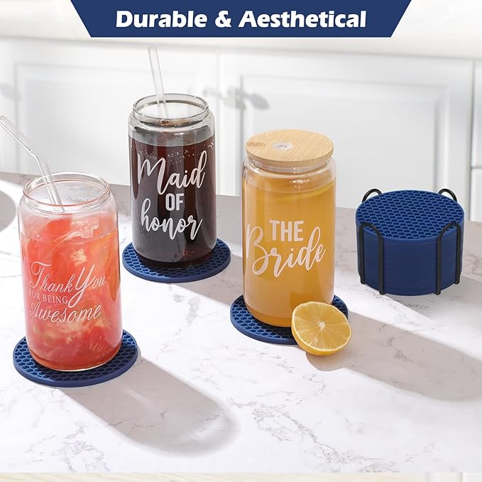 Coasters Set of 6 with Holder,Coasters for Drinks,Coffee Table Decor Coaster,Suitable for Kinds Cups,Anti-Slip,Non-Stick,Silicone Cup Coaster and Living Room Decor (6 Pcs, Navy Blue)
