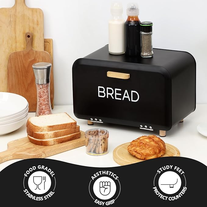 Black Bread Box for Kitchen Countertop - Large Capacity Bread Storage Container Modern Bread Box - Stylish Metal Bread Organizer