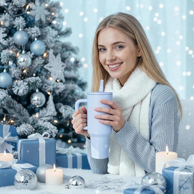 40 oz Insulated Tumbler with Handle,Flip Straw,Lid & Rubber Base Stainless Steel Water Bottle - Leak Proof Vacuum Insulated Mug BPA Free Reusable Travel Cup Gifts for Women/Men (light blue)