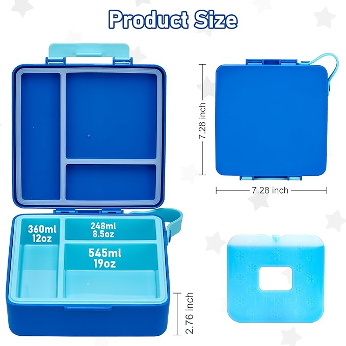 Chill Bento Lunch Box for Kids Adult with Ice Pack,Leak Proof 3 Compartments Lunch Container for Kids,Ice Pack Detachable Bento Box,BPA Free,Dishwasher & Microwave Safe-Blue