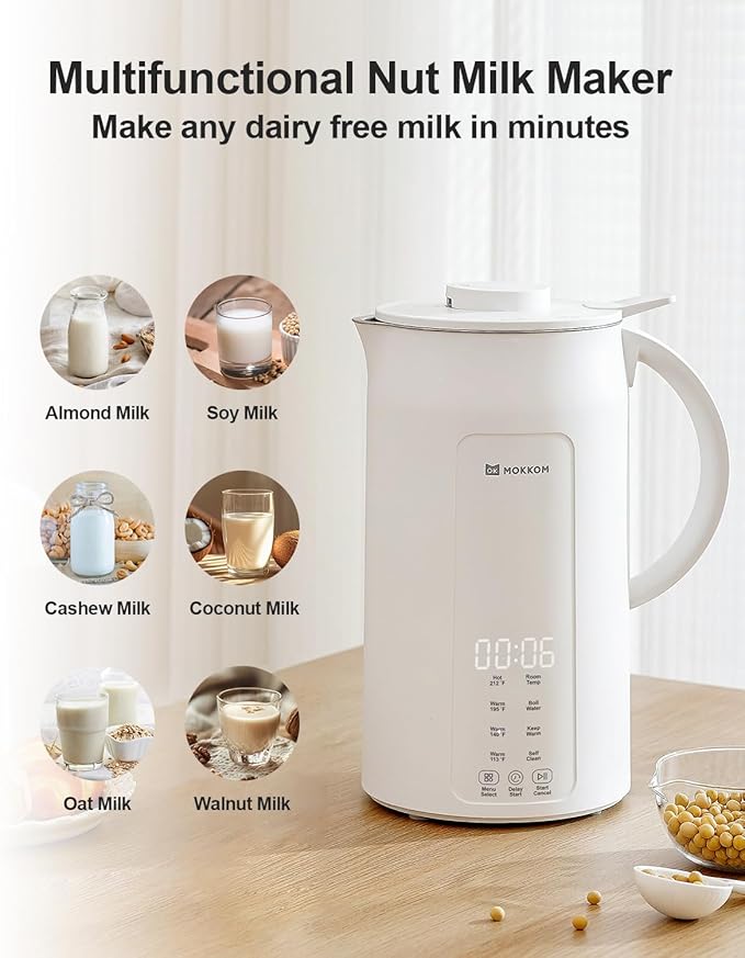 MOKKOM Nut Milk Maker, 42oz Soy Milk Maker for Homemade Plant-Based Milk, Oats, Soy, Dairy Free Beverages, Automatic Almond Milk Machine with Delay Start/Keep Warm/Self-Cleaning/Boiling, Pearl White