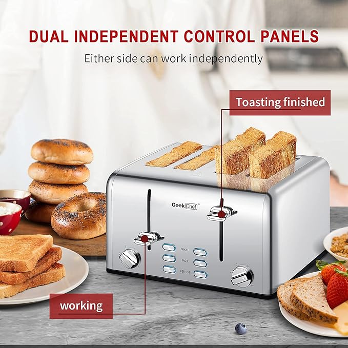 Toaster 4 Slice, Geek Chef Stainless Steel Toaster with Extra Wide Slots，4 Slot Toaster with Bagel/Defrost/Cancel Function, Dual Control Panel of 6 Toasting Bread Shade Settings, Removable Crumb Trays, High Lift Lever, ETL