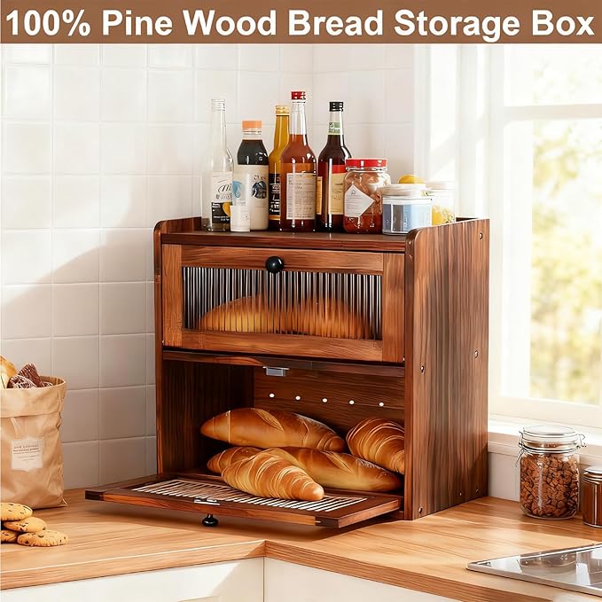 Wooden Bread Box for Kitchen Countertop Large Capacity Corner Bread Box Bread Storage Container with Clear Acrylic Window