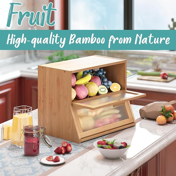 Bread Box for Kitchen Counter, Large Bamboo Wooden Double Layer Large Capacity Bread Storage Bin with Acrylic Wavy Door Panel (Natural)