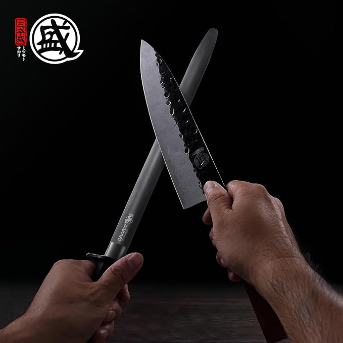 MITSUMOTO SAKARI 10 Inch Knife Sharpener Rod, Flat Honing Rod, High Carbon Honing Steel