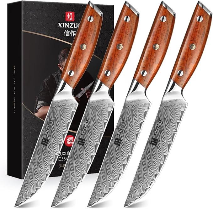 XINZUO Steak Knife Set of 4,Damascus Kitchen Steak Knife Set,5 Inch Dinner Knife Set-Table Knives,Non Serrated Steak Knives,Razor-Sharp Dinner Knives with Ergonomic Rosewood Handle,Gift Box