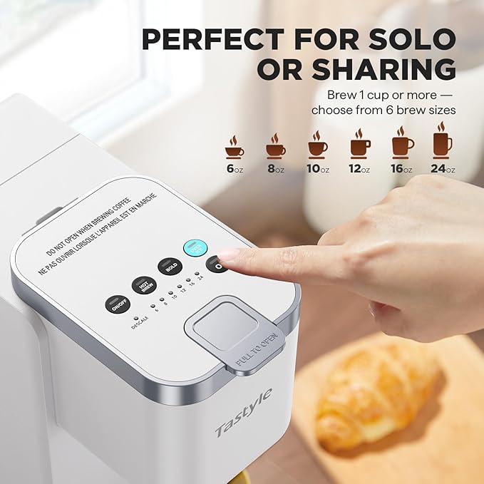 Single Serve Coffee Maker, Iced and Hot Coffee Machine for K Cup & Grounds, Compact Design, 40oz Removable Water Reservoir, 6 to 24 Oz Brew Sizes, Fits 7.3" Travel Mug, White