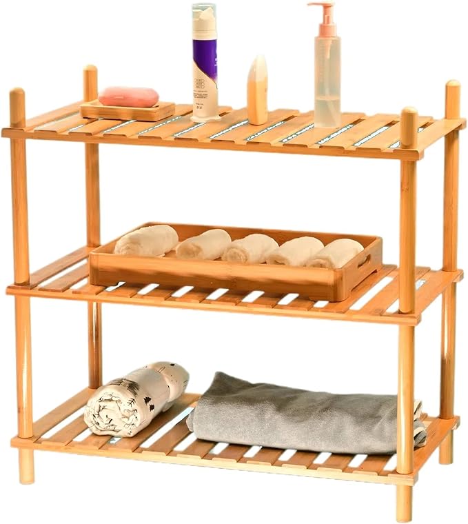 GOGOGO 3-Tier Bamboo Freestanding Shelf | Tool-Free,150lb,Multifunctional Small Bookcase Wood Shelf for Bathroom, Kitchen, Office (Natural, 9.0“H（3 Tier Heightened)