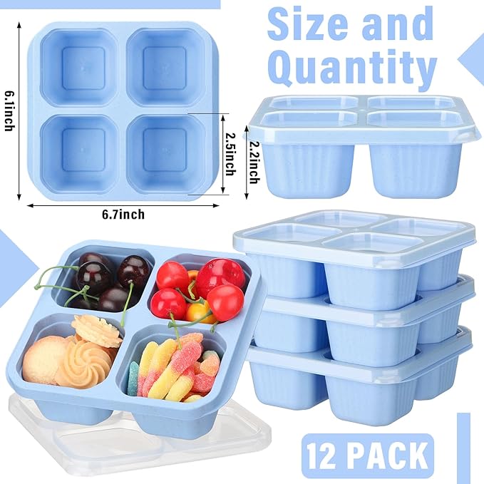 12 Pcs 4 Divided Compartments Snack Containers Bento Wheat Straw Snack Box with Lid Reusable Meal Prep Lunch Box Food Storage Containers for Adults Christmas Travel Work Gifts(Blue)