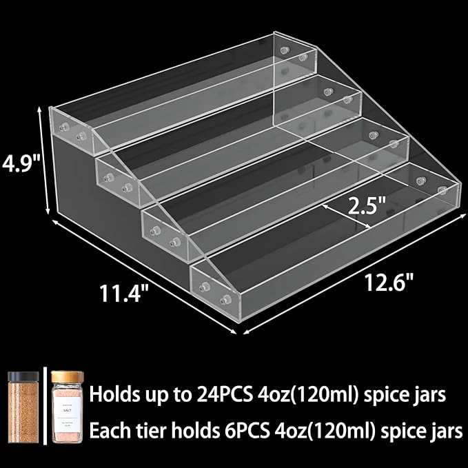 4 Tier Clear Spice Rack Organizer for Cabinet, Acrylic Display Riser Shelf Seasoning Organizer for Countertop Pantry Cupboard, Transparent Storage Holder for Kitchen Condiment Jar Spice Container
