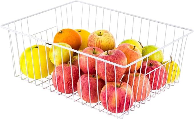 16" L x 12" W Wider Freezer Storage Organizer Baskets Container, Deep Metal Wire Chest Upright Refrigerator Divider Bins with Built-in Handles for Cabinet, Pantry, Closet, Kitchen, Pearl White