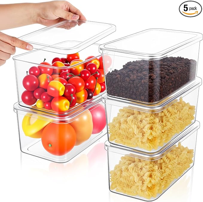5 Pack Clear Storage Bins With Lids, Stackable Refrigerator Organizers Durable Plastic Food Containers Box for Pantry Cabinet Kitchen Fridge Fruits Vegetables Bathroom Small Items