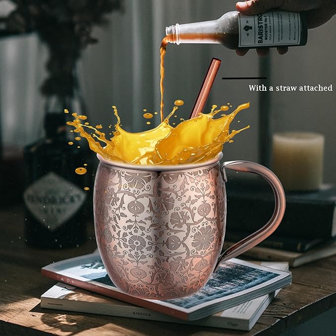 Moscow Mule MugsSet of 2-18 Oz Copper-Plated Fine Craftsmanship Etched Mugs,304 Stainless Steel-Lined Mule Cups,For Cold Drinks, Beer, Wine, Bars, Parties