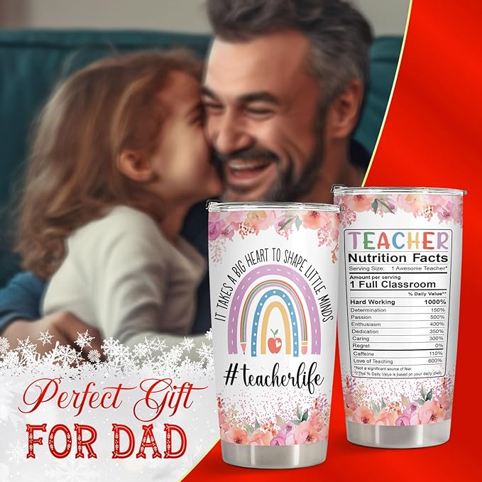 34HD Teacher Tumbler with Lid, 20oz Stainless Steel Coach Life Mug, It Takes Big Heart To Shape Little Minds Cup, Unique Gifts for Teacher Appreciation Birthday Christmas School