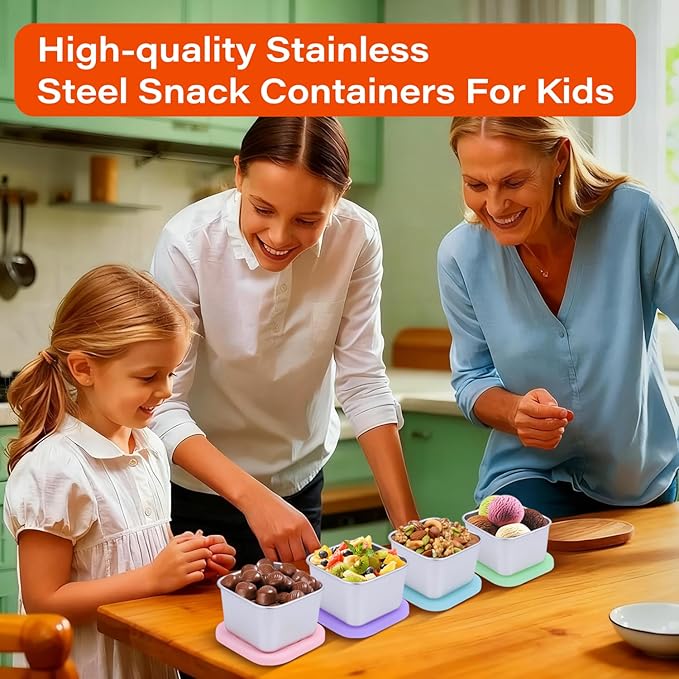 4 Pack Stainless Steel Snack Containers, 6oz Snack Box with Silicone Lids,Stackable Portable Small Food Storage Container for Picnic,Travel,School,Office,and Daycare