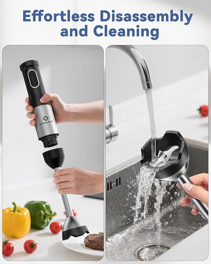 LINKChef 7 in 1 Immersion Blender Scratch Resistant, 2 Titanium Steel Blades 800W Hand Blender, 20 Speed and Turbo Mode Stick Blender Immersion with Whisk, Milk Frother, Food Processor, Beaker