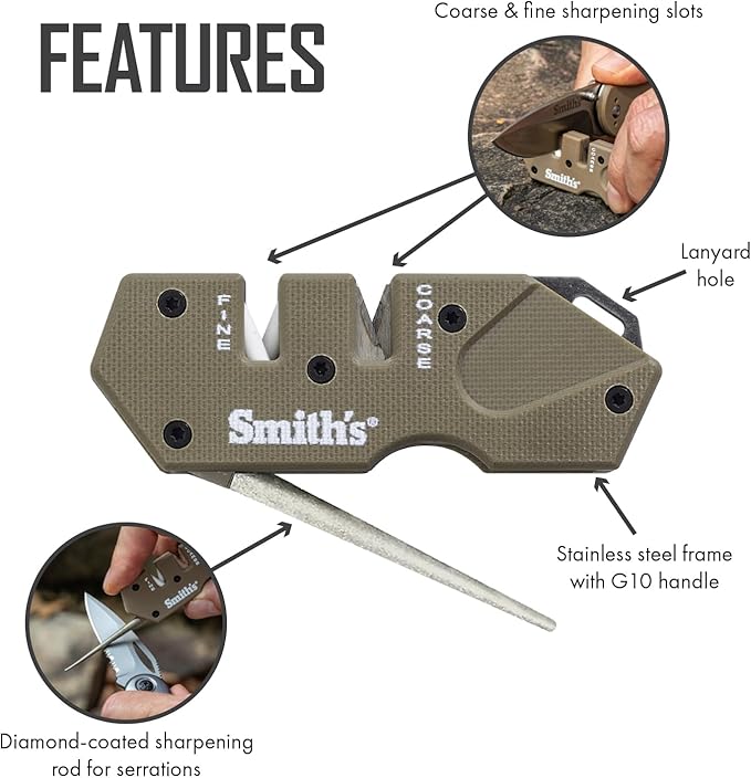 Smith’s Pocket Pal Tactical Knife Sharpener - 2 Stage Sharpener & Diamond Sharpening Rod - Pocket Clip - Outdoor Hunting Knife & Hook Sharpener - Compact & Lightweight
