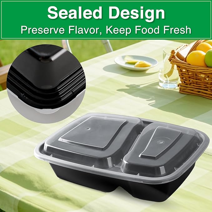 Meal Prep Containers 2 Compartment 30 Pack, 26 oz Divided Reusable Food Storage Containers with Lids Takeout Food Storage Containers Black, Microwave Dishwasher Freezer Safe, Stackable, BPA Free