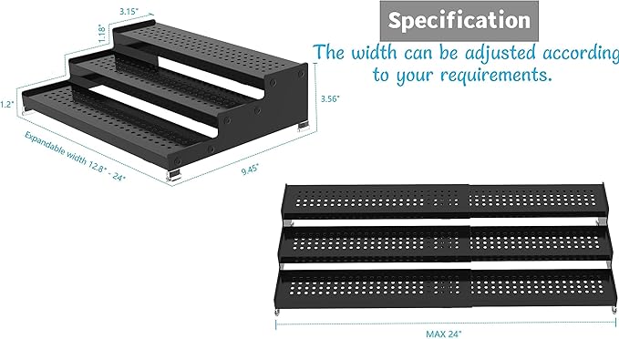 Metal Spice Rack Organizer for Cabinet, 3 Tier Expandable Spice Storage Shelf, Great for Kitchen Cabinets, Cupboard,Pantry and Countertop More,Metal Plate with Hole(3PACKS/Black)