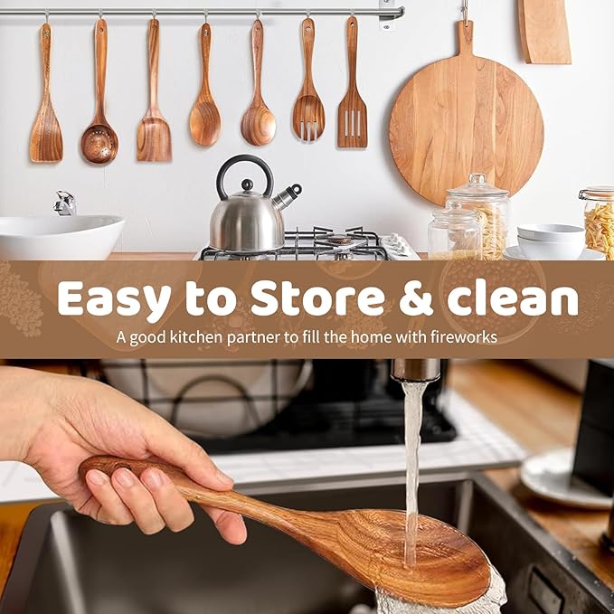 9 PCs Teak Wooden Utensil Set with Hooks, Wooden Spoons for Cooking, Wood Cooking Utensils Set, Comfort Grip, Non Stick Cookware, Easy to Clean, Kitchen Stuff, Wood Spatula