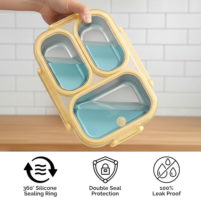 304 Stainless Steel Lunch Box for Adults & Kids, 25oz Leakproof Metal Bento Box with 3 Compartments, BPA-Free, Reusable & Dishwasher Safe Food Container for School,Office,Picnic,Travel(Yellow)