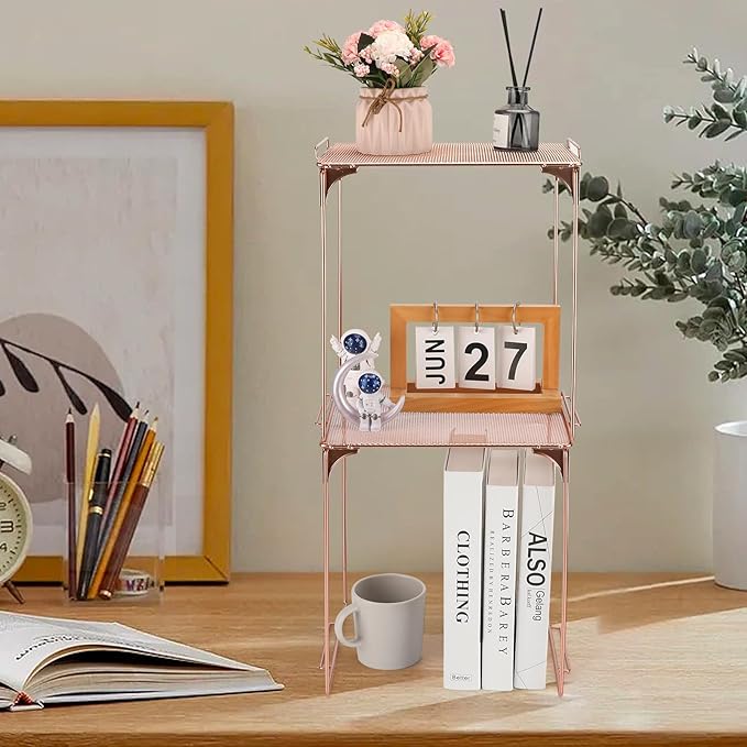 Locker Organizer Shelf Stackable Extra Locker Shelf for School Locker Organizer Storage Cabinet Accessories Suitable for School, Office, and Home use (1, Rose Gold)